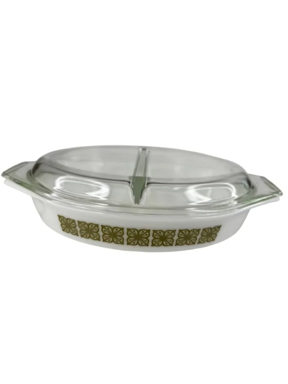 Pyrex Autumn Floral Verde Green Divided Baking Dish Lid 1 Qt MCM #31 USA Vtg 70s - Picture 9 of 16